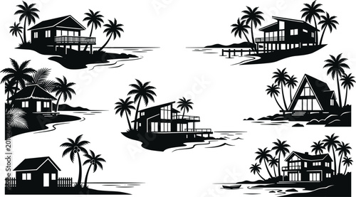 Tableau sur toile Collection of Tropical Beach House Silhouette Vectors Featuring Bungalows, A-Fra