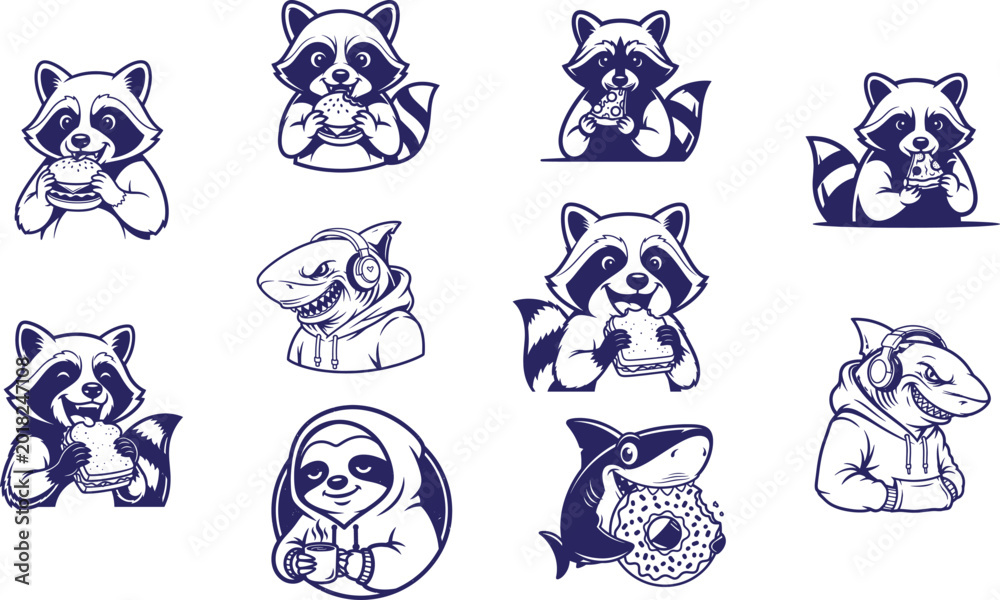 Naklejka premium Collection of raccoon sloth shark cartoon character drawings with animal character fast food hot dog animal illustration icon set