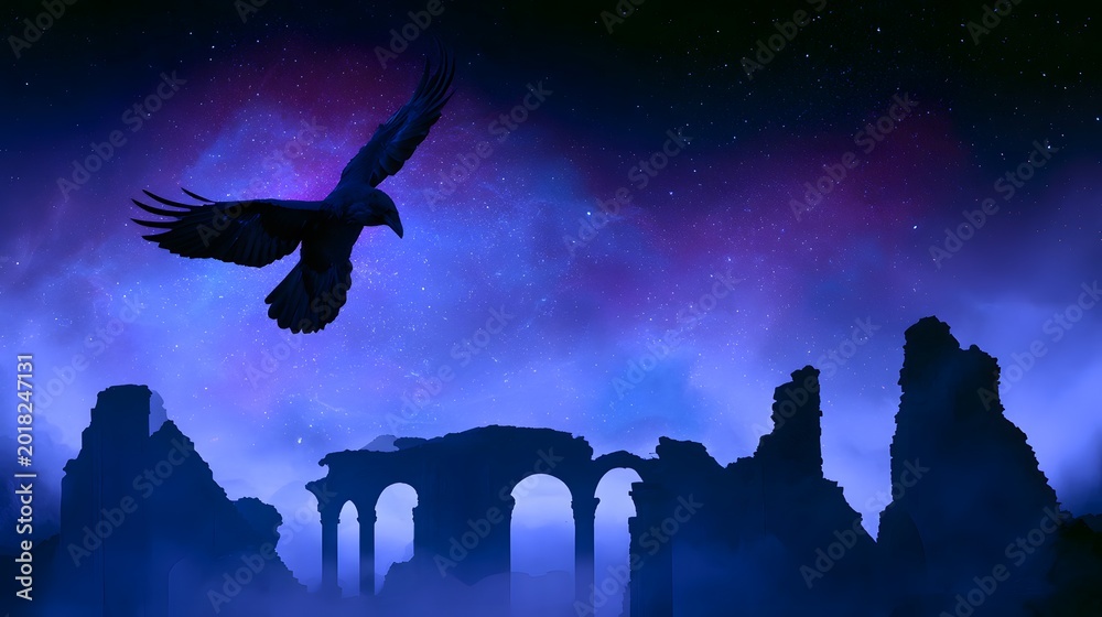 Fototapeta premium Mystical raven soars above ancient ruins bathed in galactic starlight a breathtaking fantasy scene