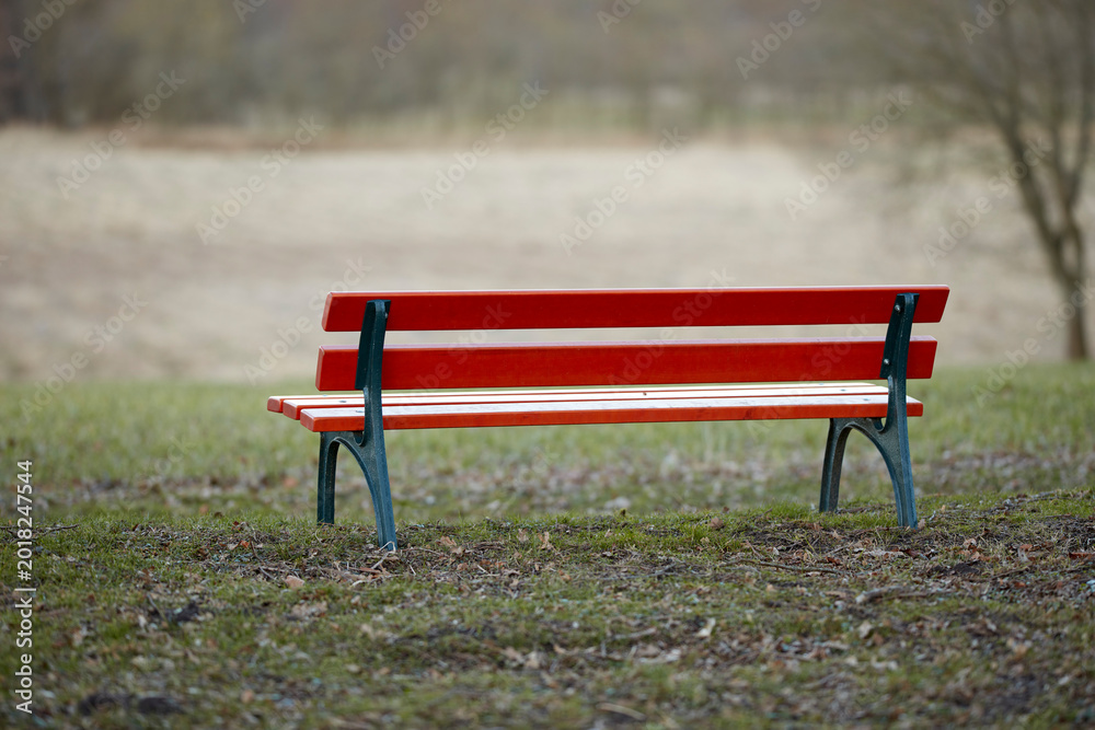 Naklejka premium Park, bench and river with nature, outdoor and scenery for peace and quiet or environment. Public, lake and empty seat for season, solitude and natural garden with landscape, trees and greenery
