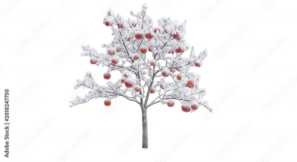 Fototapeta premium A small apple tree covered in white snow and ice, featuring red apples hanging from frost-covered branches against a solid black background