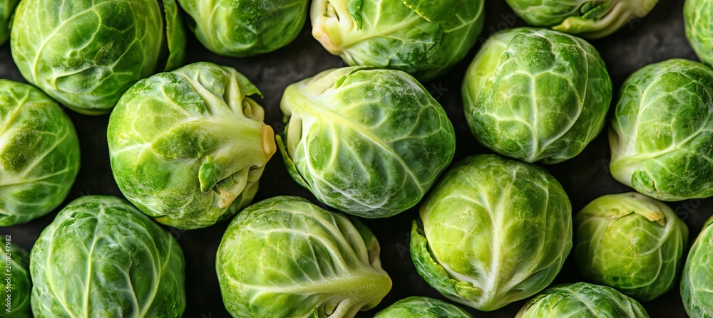Fototapeta premium Fresh and Vibrant Brussels Sprouts Laying in Dense Groups on a Dark Background for Cooking Ideas