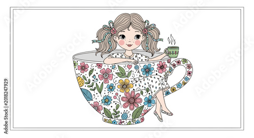 Cute Girl Relaxing in a Giant Floral Teacup with Hot Drink