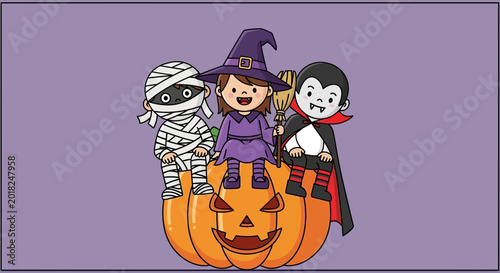 Cute Halloween Characters Mummy, Witch, Vampire Sitting on Pumpkin, Vector Illustration