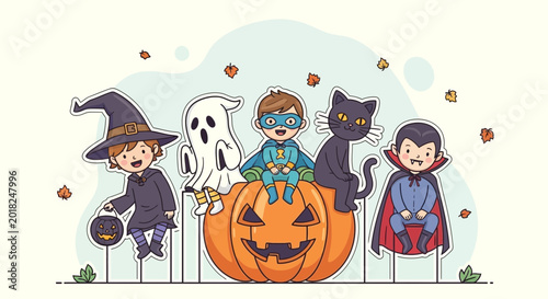 Cute Halloween Characters on Pumpkin: Witch, Ghost, Superhero, Cat, Vampire