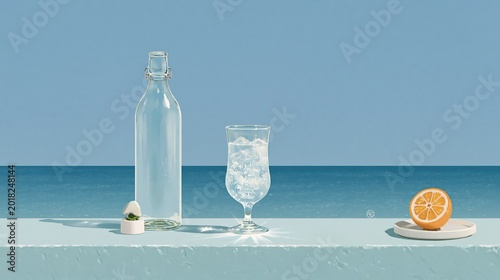 Clear bottle stands beside glass with ice. Half orange rests on plate, vibrant and fresh. Ocean meets sky in soft, serene blue tones. Sunlight casts gentle shadows on the ledge
