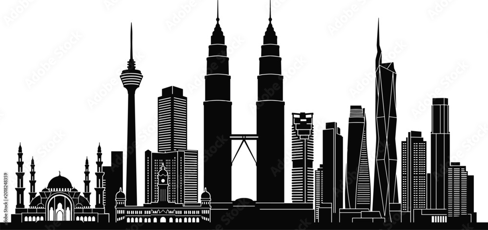 Naklejka premium Silhouette of Kuala Lumpur Skyline Featuring Petronas Twin Towers, KL Tower, and Mosque Domes Representing Urban and Cultural Identity