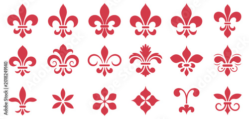 Tableau sur toile Fleur de lis vector design, medieval heraldic lily symbol in red three style var
