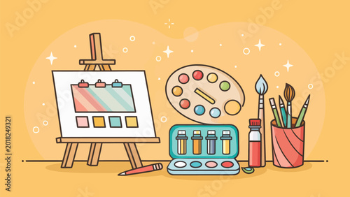 Illustration of art supplies including an easel, canvas, paint palette, paint tubes, brushes, and a pencil