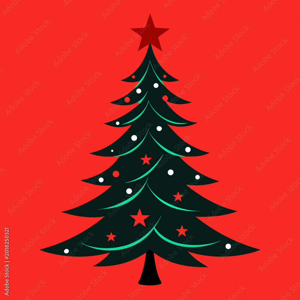 Fototapeta premium Christmas tree illustration with red background and green lights Vector