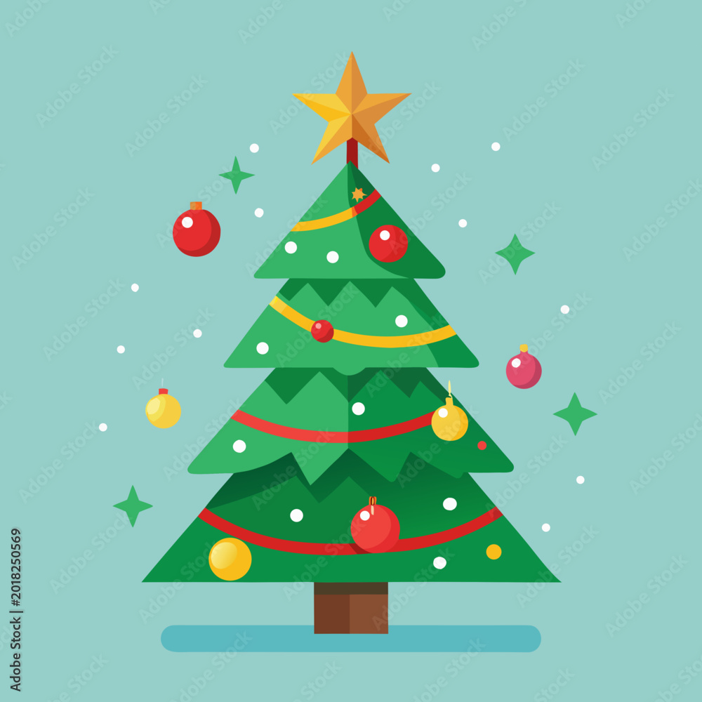 Fototapeta premium Colorful cartoon christmas tree with holiday decorations Vector