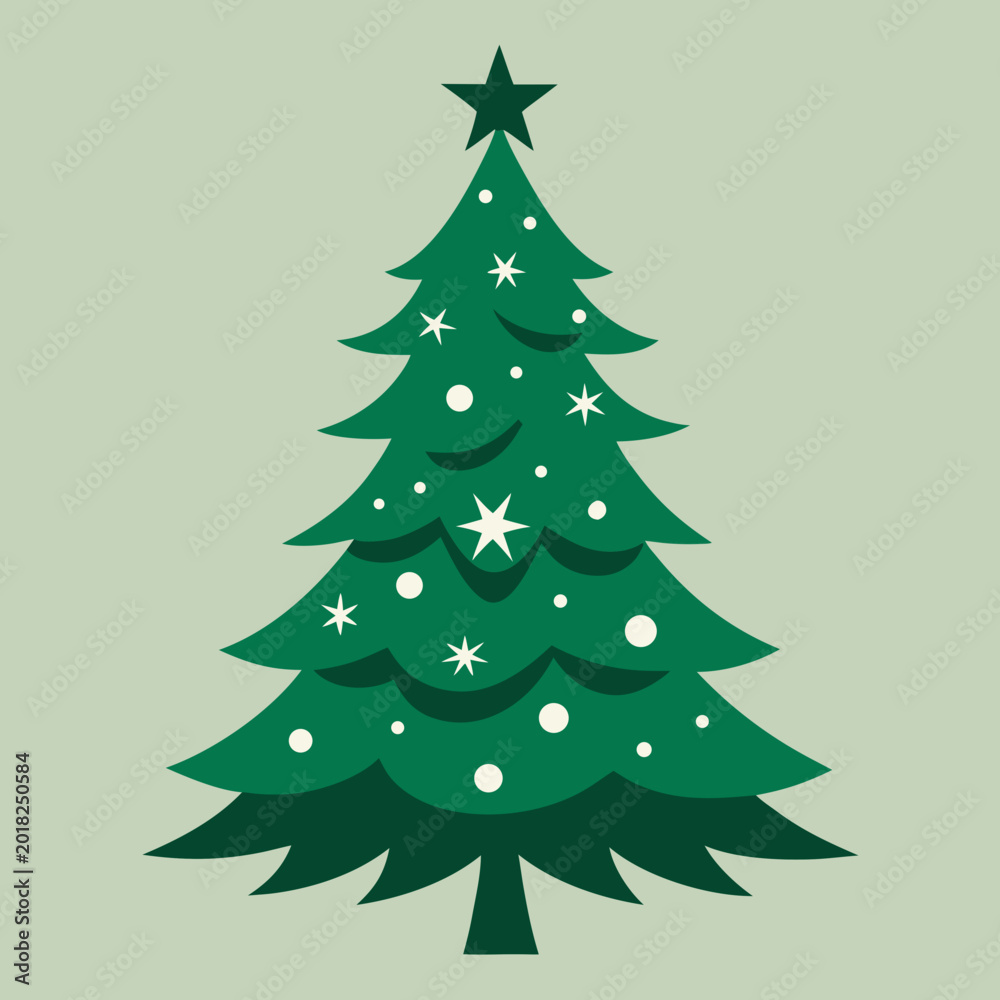 Obraz premium Green christmas tree with star top and lights vector illustration Vector