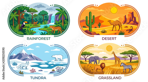 Vector illustration of four global biomes with animals and plants