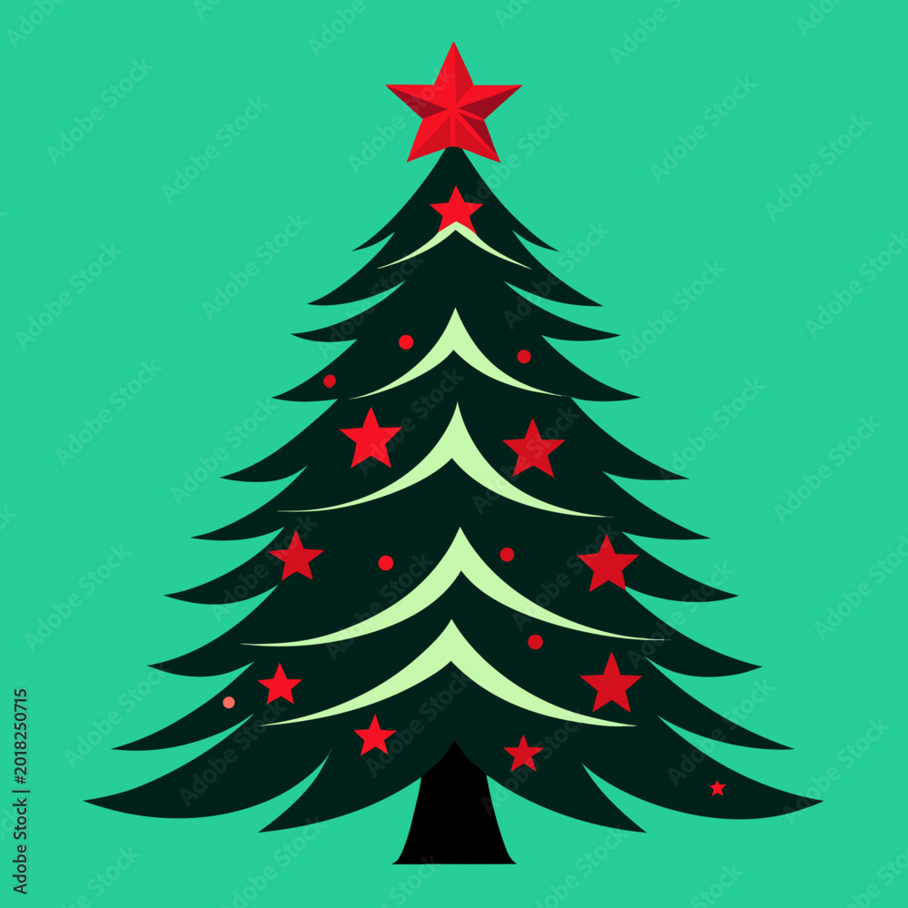 Obraz premium Christmas tree illustration with red stars on teal background Vector