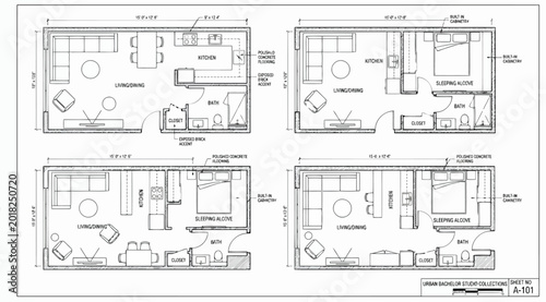 Bild auf Leinwand Architectural floor plan of four urban bachelor studio apartment layouts with li