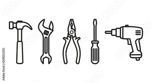 Set of repair tools hammer wrench pliers screwdriver and drill icon