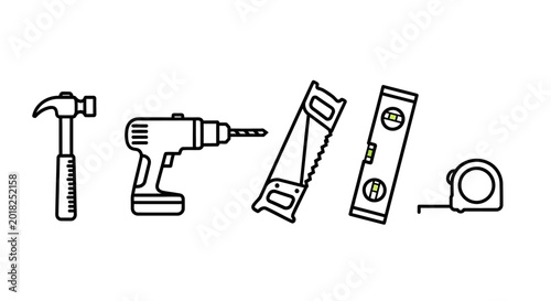 Set of various construction tools in minimalist linear style on white