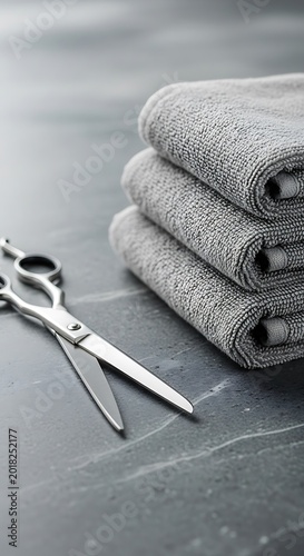 Professional grooming implements rest beside neatly folded gray absorbent cloths on a dark surface.