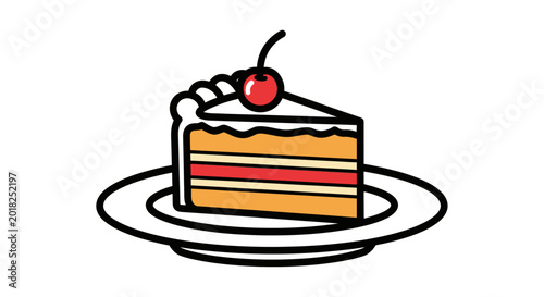 Slice of cake with cherry on white plate isolated on white background