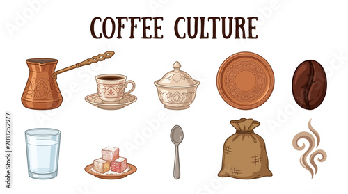 Fotografía Coffee Culture Elements Collection: Cezve Cup Sugar Bowl Bean Turkish Delight and More