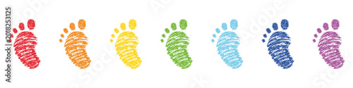 Colorful baby footprint icons set crayon texture rainbow palette newborn steps collection hand drawn style cute child marks bright playful design for parenting nursery illustration