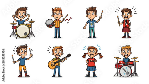 Obraz na płótnie Band Kids with Musical Instruments: A set of playful cartoon illustrations depicts children playing various musical instruments with exaggerated emotions and expressions
