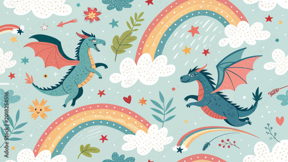 Fototapeta premium Whimsical illustration of cute dragons flying among rainbows, clouds, and stars in a magical sky childish fantasy pattern with mythical creatures