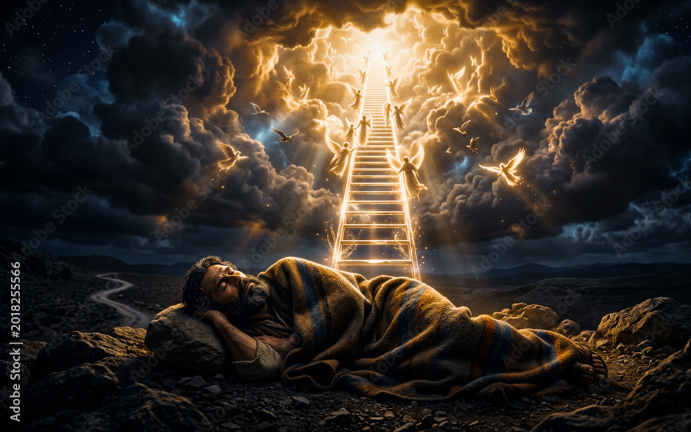 Fototapeta premium Jacob’s Ladder Dream – Heavenly Stairway Biblical Vision and Spiritual Artwork