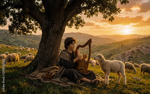 Young David Playing Harp with Sheep – Peaceful Biblical Shepherd Boy Illustration