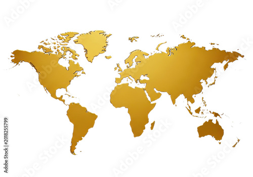 Golden world map isolated on transparent background