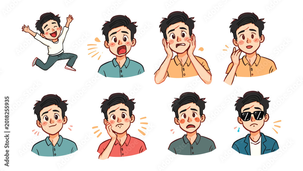 Fototapeta premium Emotions Embodied: A collection of expressive cartoon illustrations depict a young man displaying a range of human emotions from exuberant joy to concerned worry.