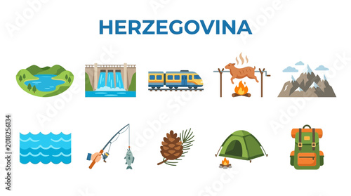 Fotografie Collection of Bosnia and Herzegovina Travel and Nature Icons.