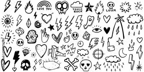 Obraz na plátně hand drawn doodle set with punk rock and grunge elements black on white