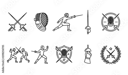 Schilderij op canvas Minimal Fencing Sword Line Art Vector Icon Collection with Rapier Duel Pictogram