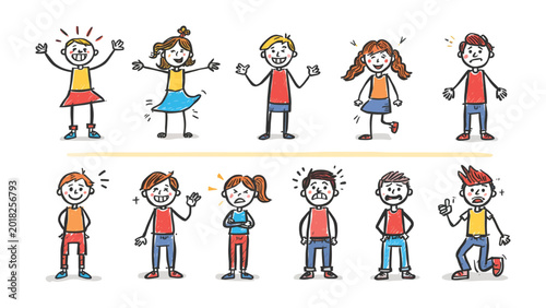 Emotional Range of Children: A collection of hand-drawn stick figures depicting various childhood emotions, from pure joy and excitement to sadness and frustration.