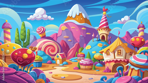 Quadro su tela Colorful candy land landscape with sweet houses and mountains in a magical fanta