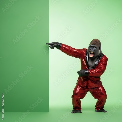 Animated primate figure in glittering attire points emphatically toward empty copy space