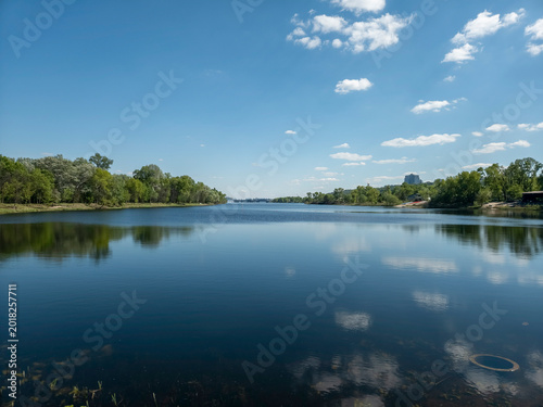 River Lake Summer Blue Sky Calm Water Reflection Nature Green Trees Tranquil