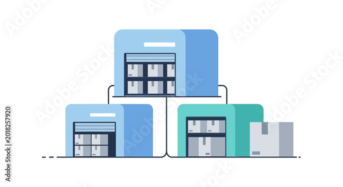 Ultra flat 2D vector of warehouse logistics network and storage distribution center, supply chain management ecosystem concept isolated on white background