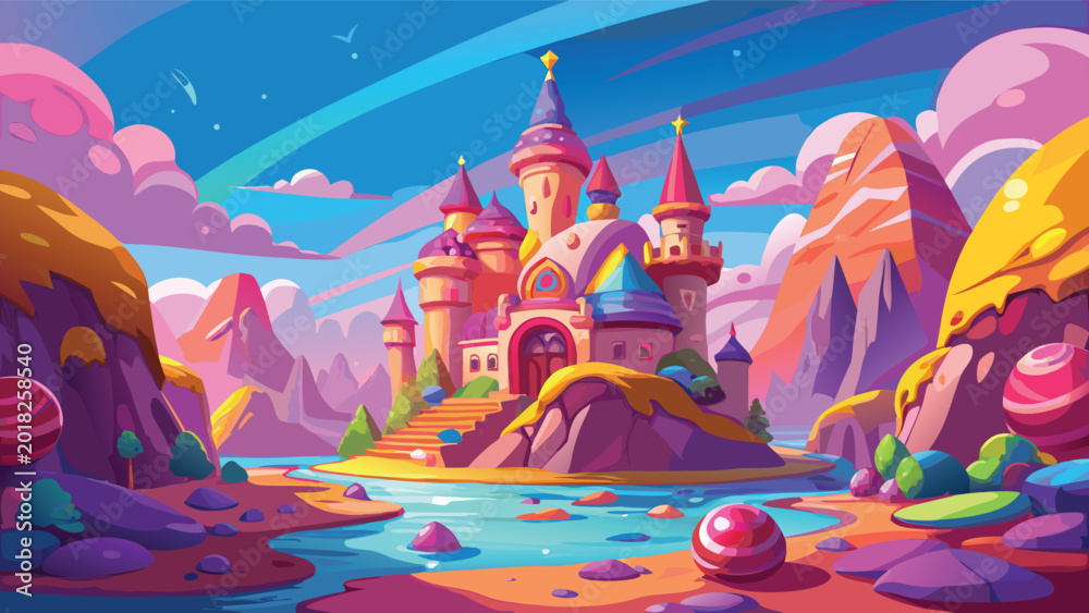 Obraz premium Magical fairytale castle with pink towers in a colorful fantasy landscape at sunset Vector