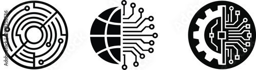 A minimal round icon set combining tech, circuitry, and digital connectivity visuals. The left icon shows a circular circuit pattern like a motherboard core, the middle icon blends a globe/network wit