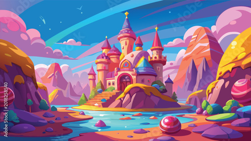 Foto Magical fairytale castle with pink towers in a colorful fantasy landscape at sun