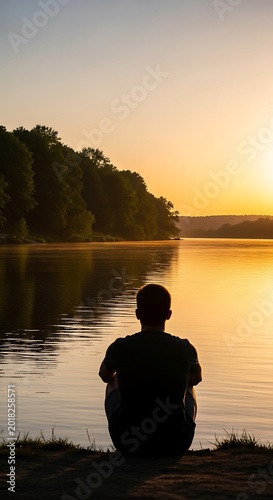 Solitary figure observes brilliant sunrise over placid water body bordered by dense foliage