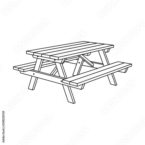 Line art illustration of a classic wooden picnic table with attached benches, perfect for outdoor dining and leisure activities.