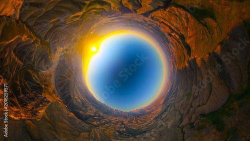 Bild auf Leinwand Aerial Panoramic View of Mountainous Landscape at Sunset, inverse little planet