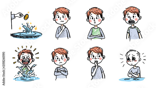 Fotografija Emotional Journey of a Young Boy: A series of whimsical illustrations depicts a young boy experiencing a range of emotions, from surprise and worry to fear and shock, in various everyday situations