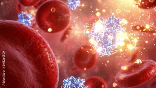 Insulin hormone interaction with glucose molecules and red blood cells in blood stream shown in 3d rendering illustrating dynamic molecular biology and cellular processes