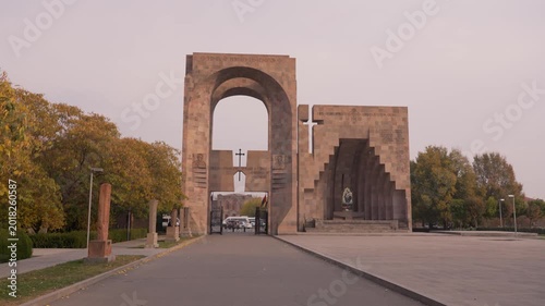  Gate to the Etchmiadzin Cathedral in Armenia. Echmiadzin monastery complex in Armenia, Caucasus. he oldest cathedral in the world, ancient Christian architecture.