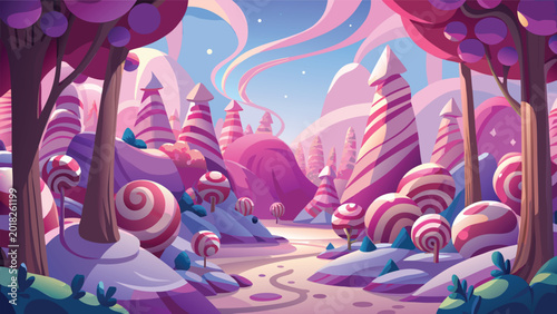 Foto Magical candy forest landscape with sweet lollipops and pink trees in a fantasy