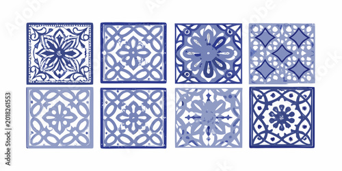 vector illustration of six portuguese azulejo tiles with blue patterns
